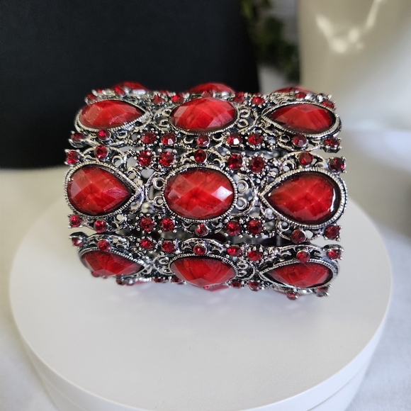 Silver Red Extra Wide Open Cuff Stretch Bracelet - Picture 5 of 7
